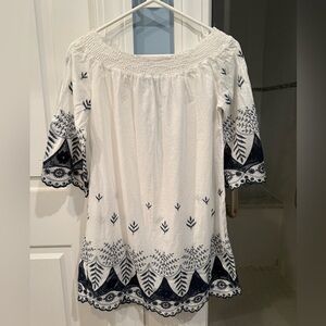 Blue Island White Beach Coverup with Navy Embroidery